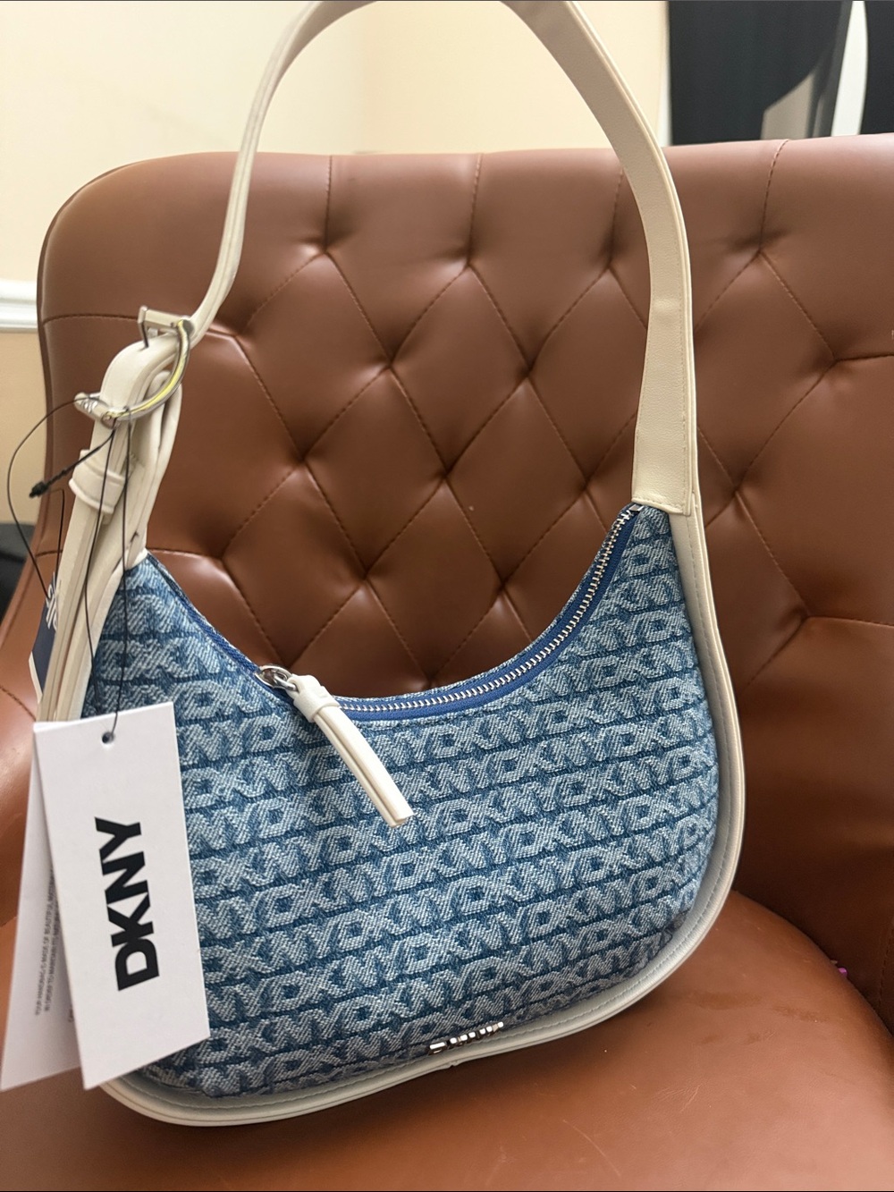 DKNY Blue Jacquard Crescent Shoulder Bag with Cream Trim